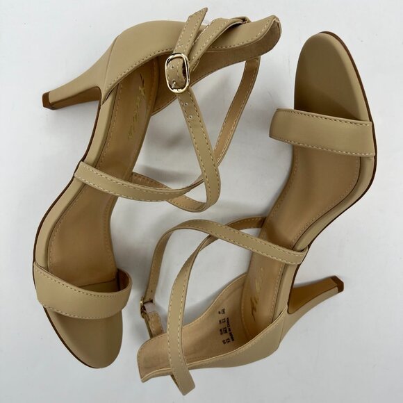 Ankis Womens Nude Gold Cross Strappy Heels Peep Toe Buckle Size 7.5 Stiletto - Picture 6 of 11